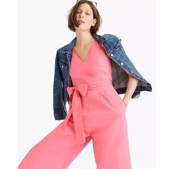 J. Crew Stretch Poplin Wrap Tie Jumpsuit in Bright Coral Size 6 - Picture 2 of 11